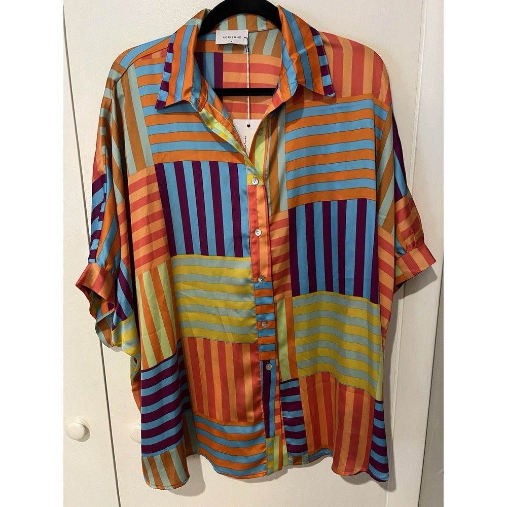 Adrienne Blouse Top Satin Stripe Print Oversized Women Size Medium Short Sleeve